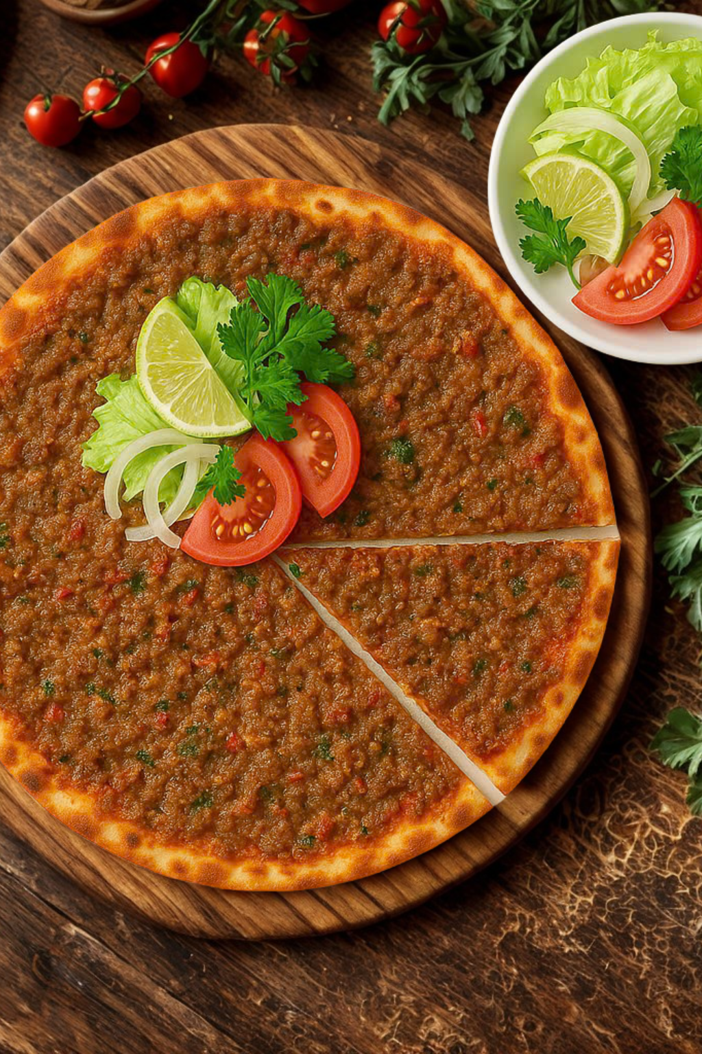 Turkish lahmacun in Saigon – thin crispy flatbread topped with minced beef, vegetables, and herbs served with fresh salad at halal restaurant in Ho Chi Minh City.