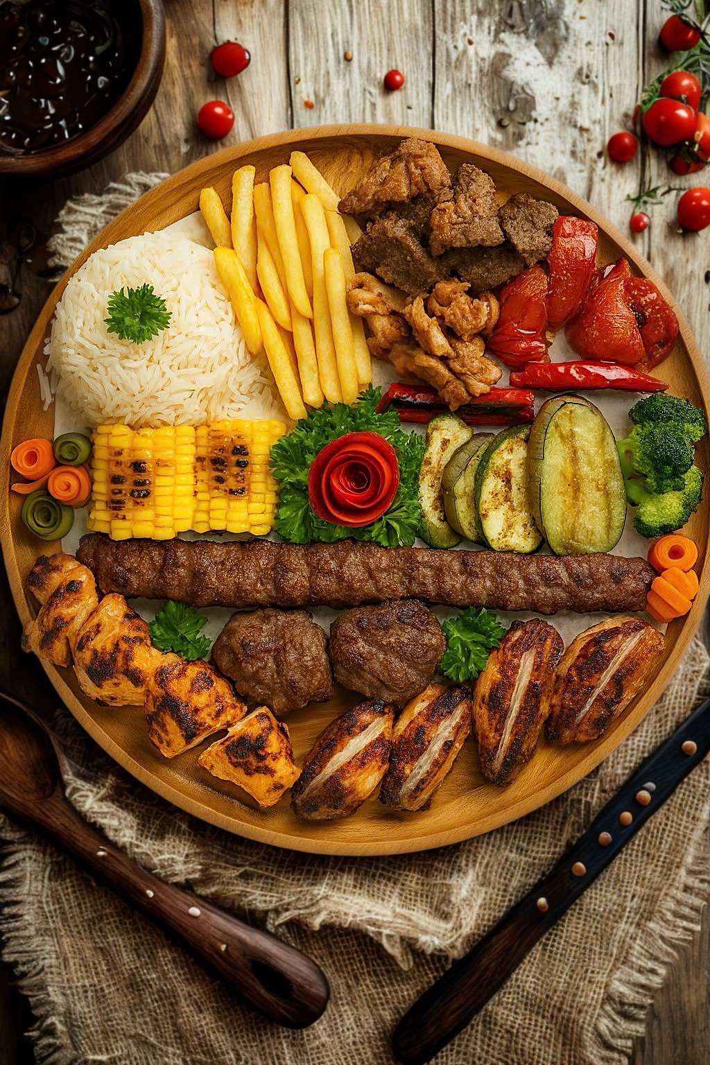 Turkish mix grill plate with Adana kebab, lamb doner, chicken doner, meatballs, chicken wings, and chicken skewer served with rice, fries, and vegetables at halal restaurant in Ho Chi Minh City.