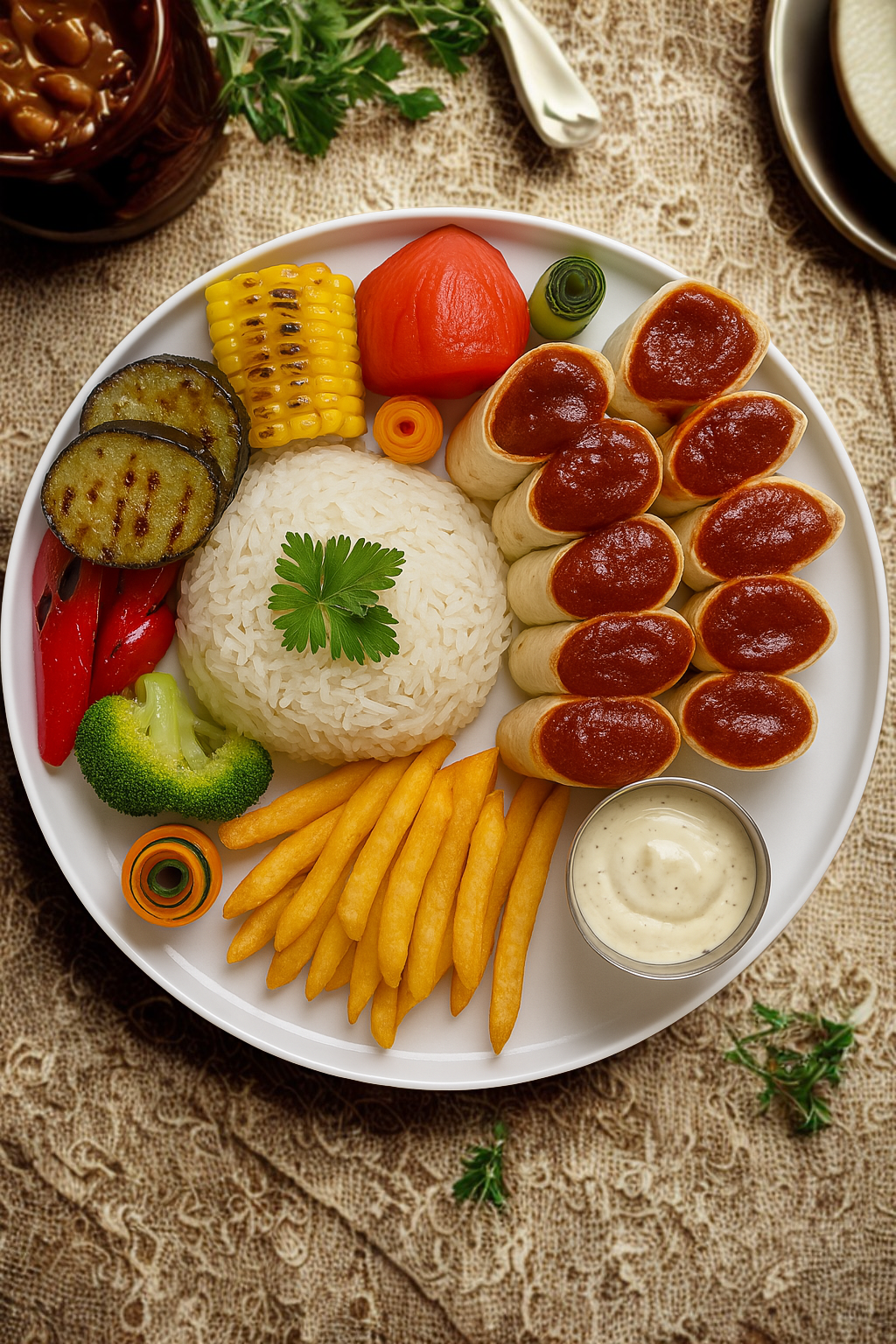 Adana kebab special plate in Saigon with grilled lamb skewer, rice, fries, and vegetables at halal Turkish restaurant in Ho Chi Minh City.